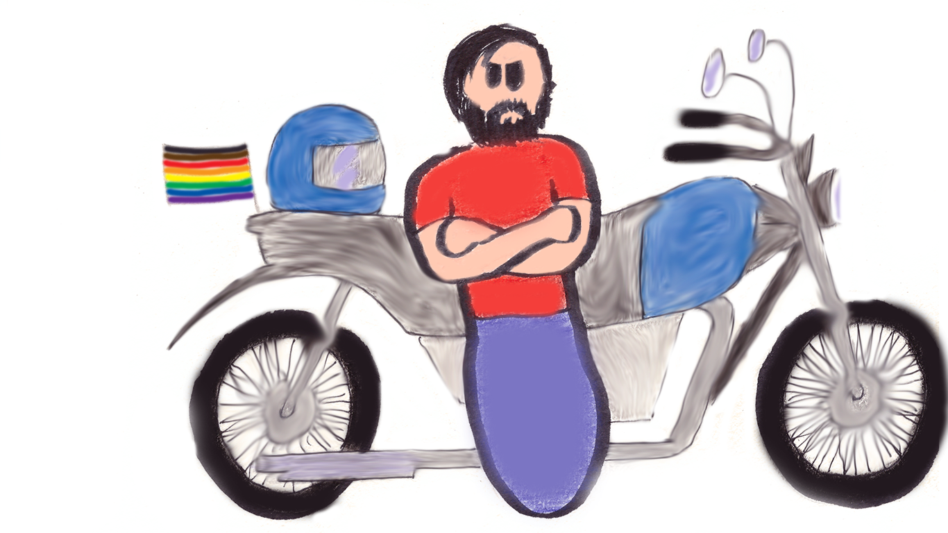 Image description: Cartoon of Derek leaning against a motorbike and looking tough